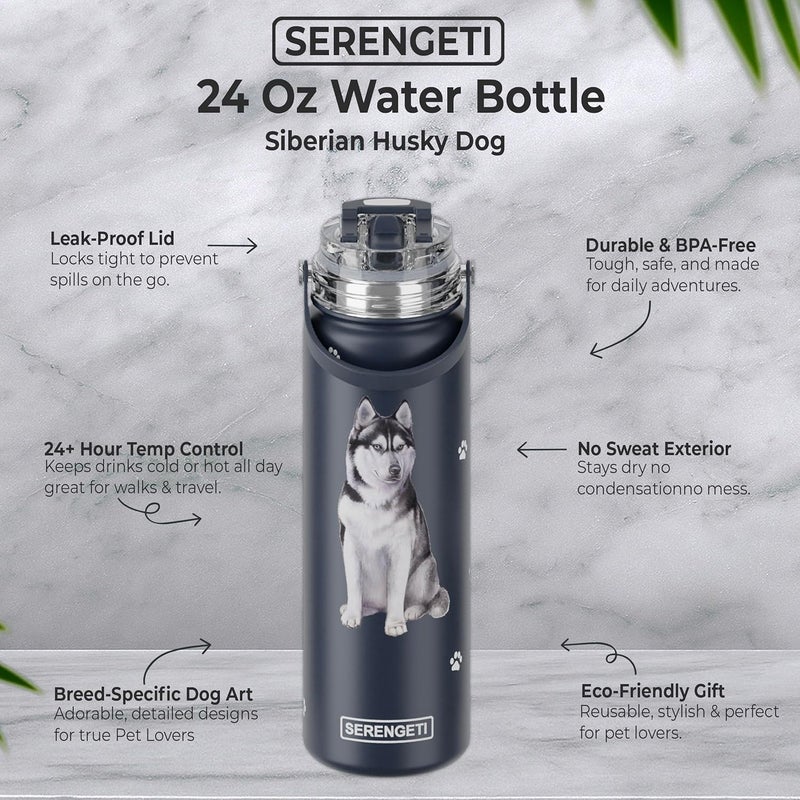 ES Pets SERENGETI 24 Oz Water Bottle Stainless Steel with Spill Proof Lid - Double walled Vacuum Insulated water flask - Realistic 3D Print of your favorite dog (Siberian Husky) - Image 2